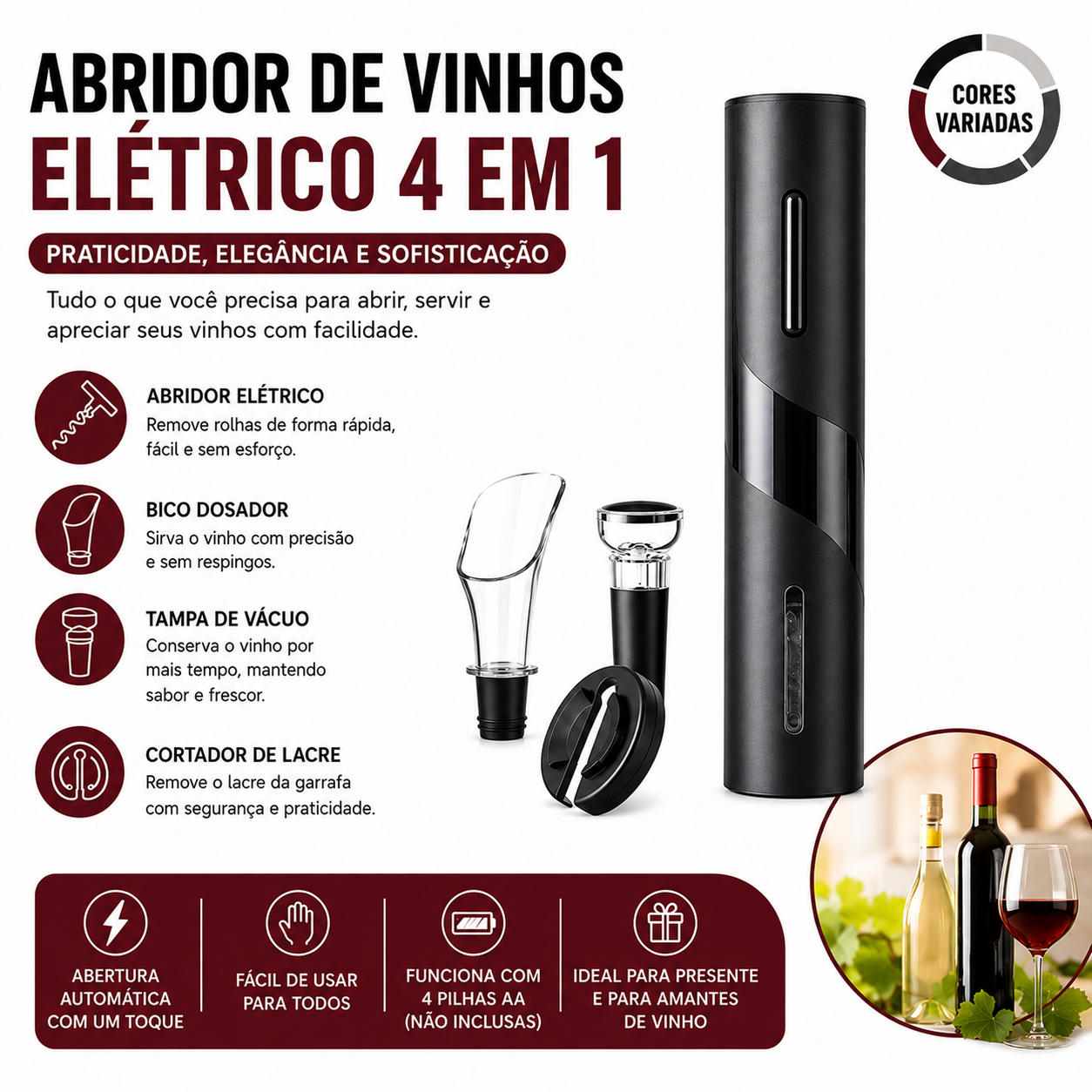 Abridor Elétrico para Vinho Recarregável