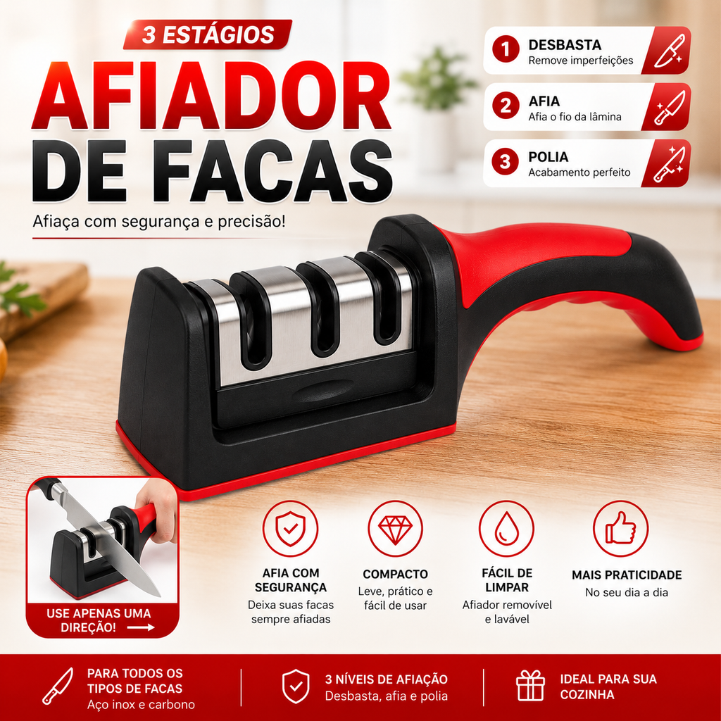 Afiador de Facas 3 em 1 Profissional