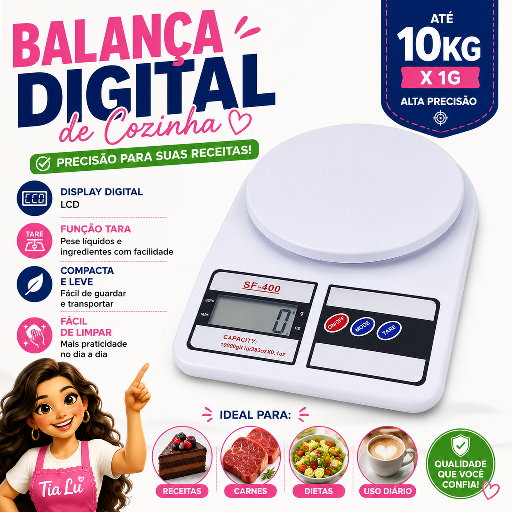 Balança Digital para Cozinha e Dieta 10kg Alta Precisão