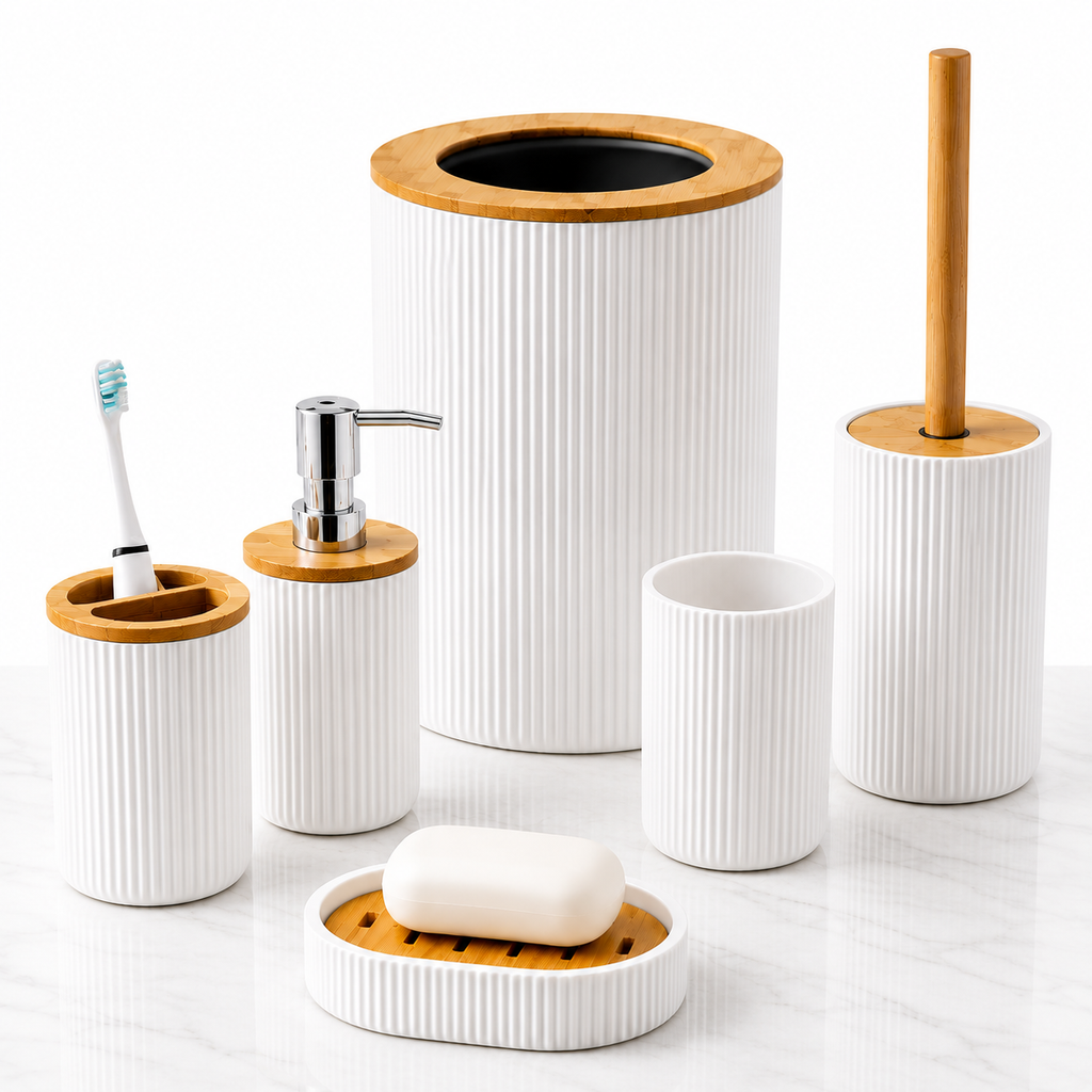 Kit Banheiro Bambu 6 Peças Branco Premium