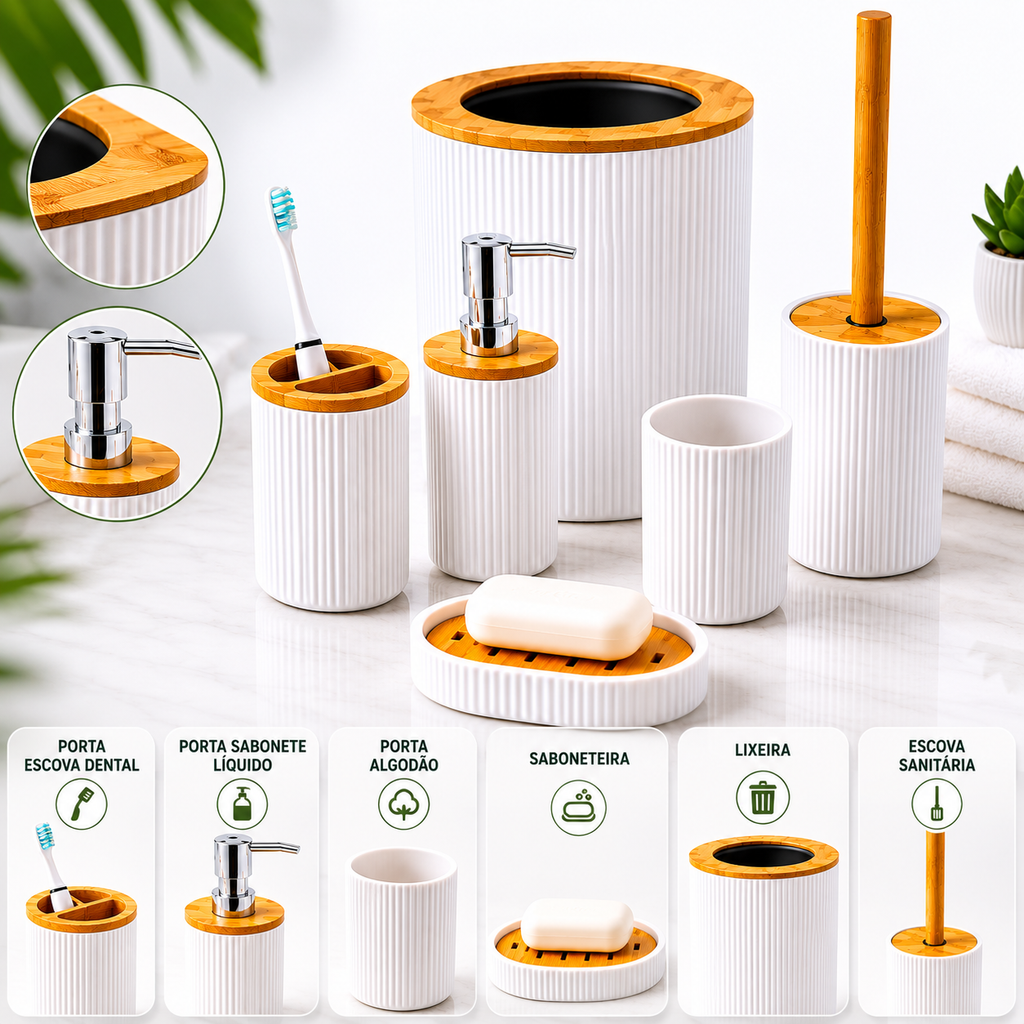 Kit Banheiro Bambu 6 Peças Branco Premium