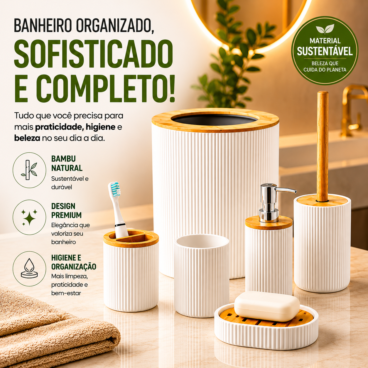 Kit Banheiro Bambu 6 Peças Branco Premium