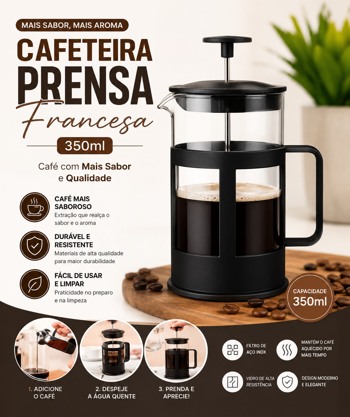 Cafeteira Prensa Francesa 350ml – Café com Mais Sabor