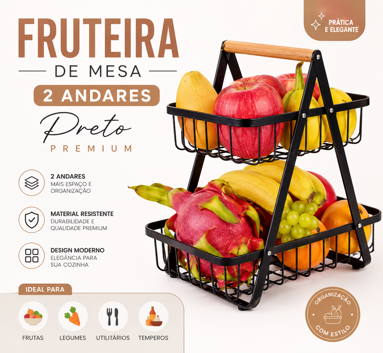 Fruteira de Mesa 2 Andares Preto Premium