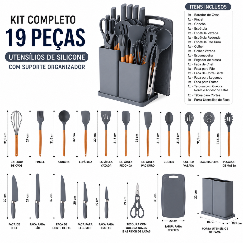 Kit Cozinha Completo 19 Peças Silicone Cinza