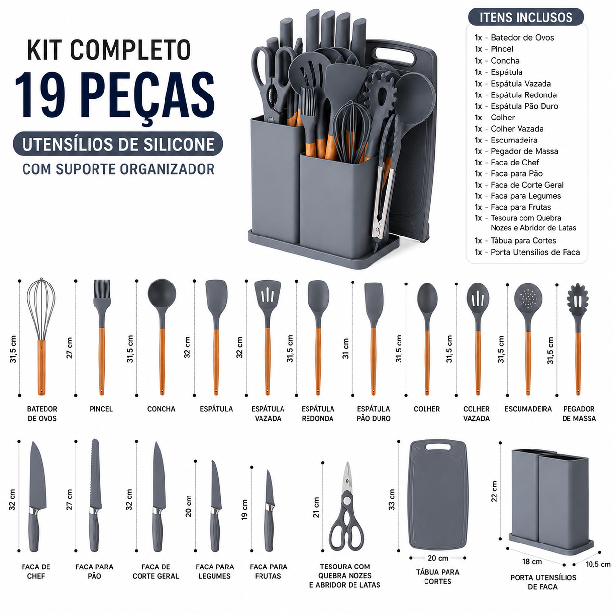 Kit Cozinha Completo 19 Peças Silicone Cinza