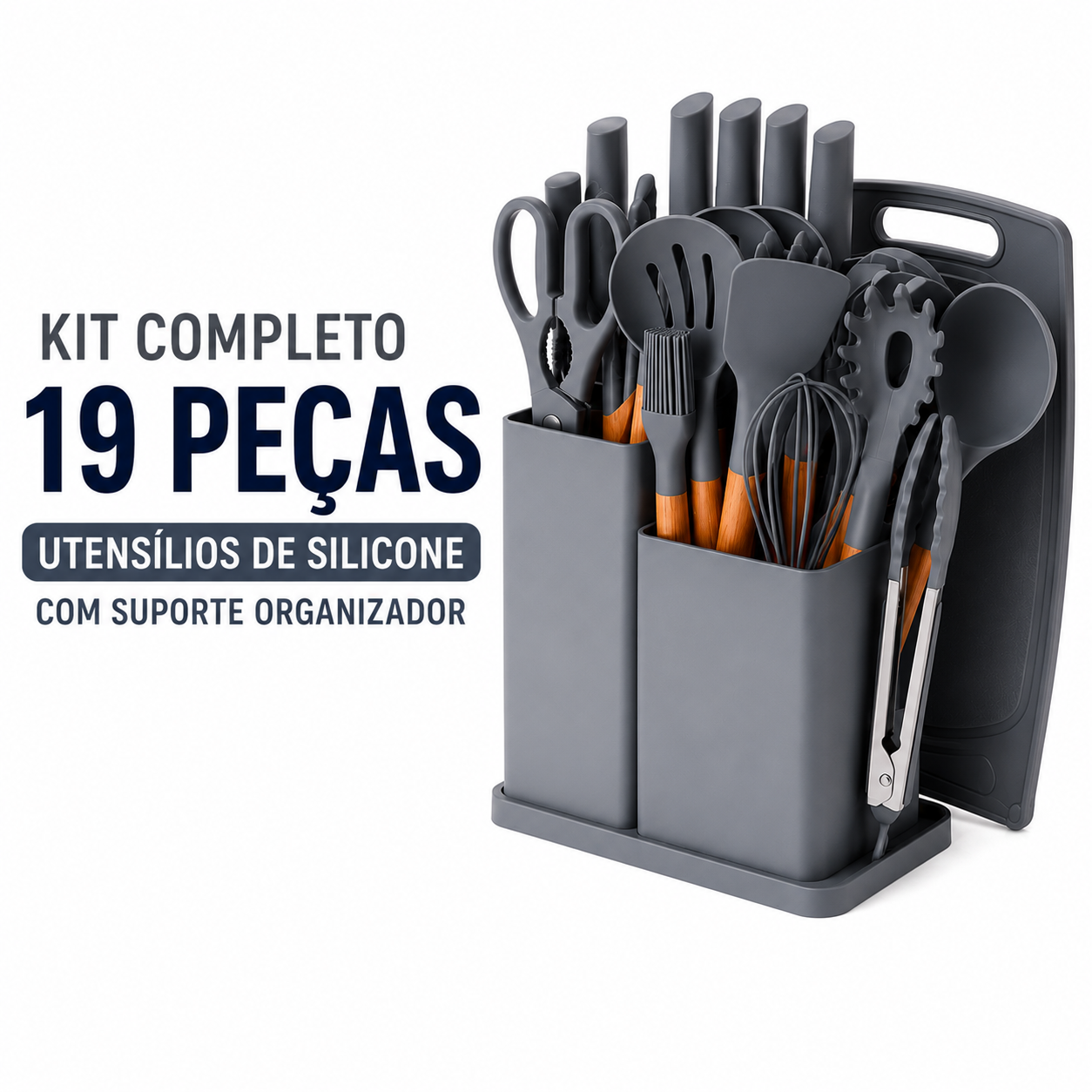 Kit Cozinha Completo 19 Peças Silicone Cinza