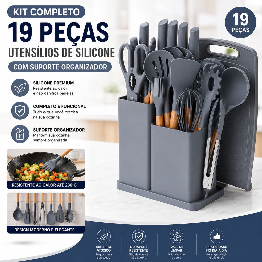 Kit Cozinha Completo 19 Peças Silicone Cinza
