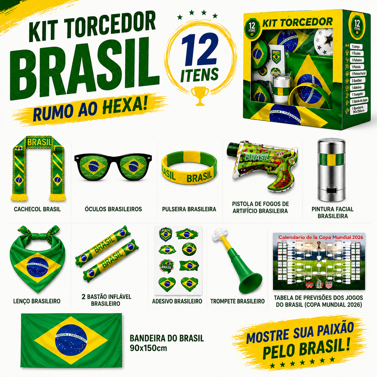 Kit Torcedor Brasil Copa 2026 12 Itens Verde Amarelo Futebol
