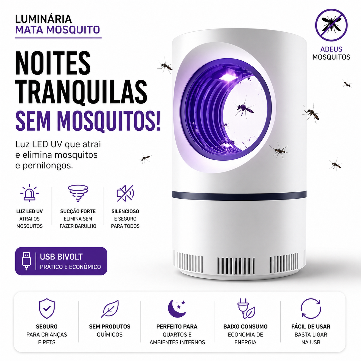 Luminária Mata Mosquitos LED USB Bivolt