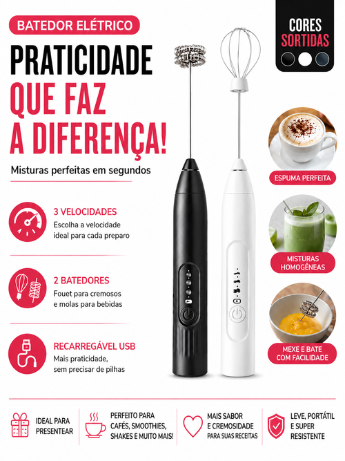 Batedor Misturador Mixer Elétrico para Bebidas 2 em 1